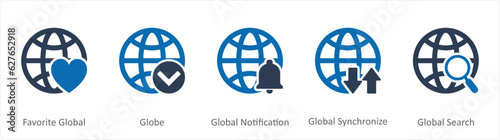 A set of 5 Internet icons as favorite global, globe, global notification