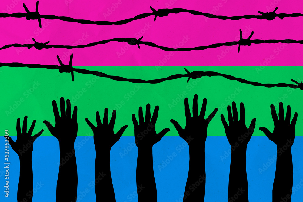 Obraz premium LGBTQI, trans and intersex rights concept. Human hands over r Polysexual pride flag on background