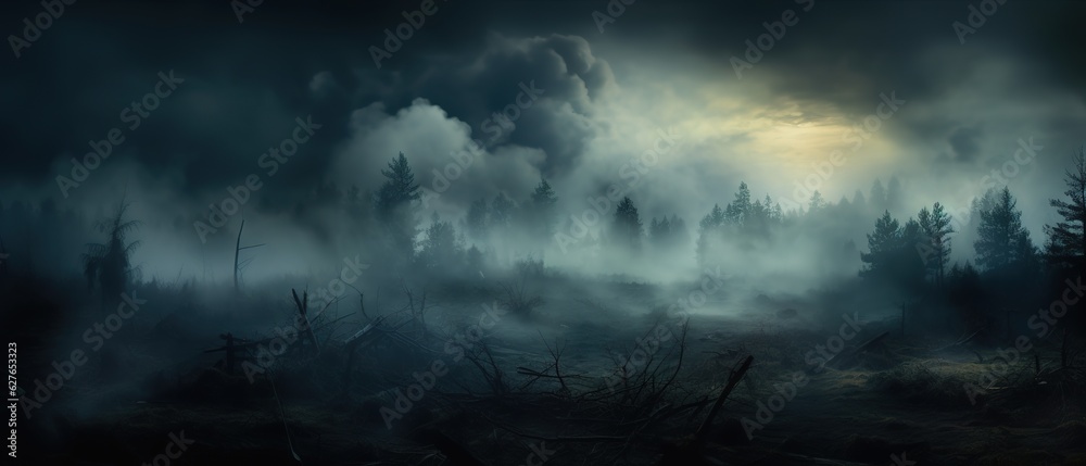 Smoke and mist in the darkness background, Defocused and abstract Halloween backdrop. Generative AI