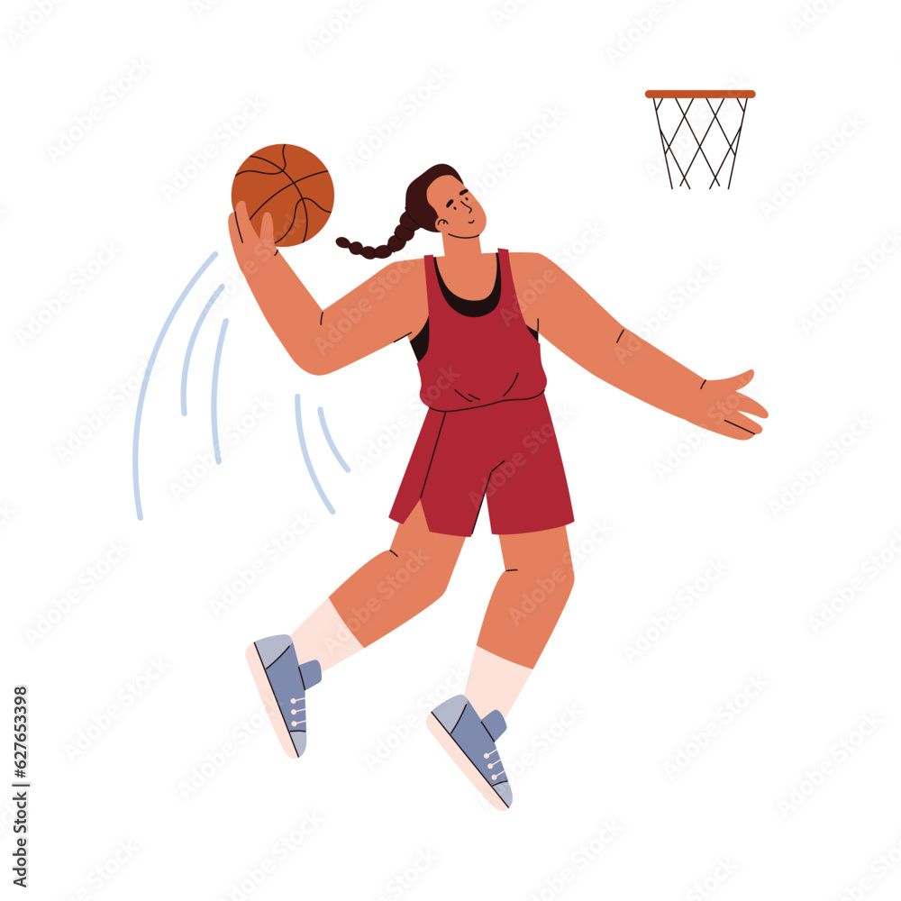 Jumping girl throwing ball into basket flat style, vector illustration