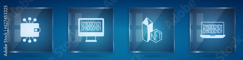 Set Cryptocurrency wallet, Binary code, NFT Digital crypto art and . Square glass panels. Vector