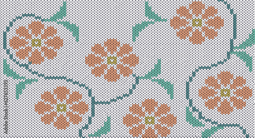 The  orange flowers on white  knitted pattern, Festive Sweater Design. Seamless Knitted Pattern, Norway Festive Sweater Fair Isle Design.