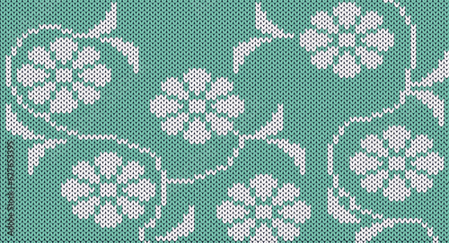 The white flowers on green  knitted pattern, Festive Sweater Design. Seamless Knitted Pattern, Norway Festive Sweater Fair Isle Design.