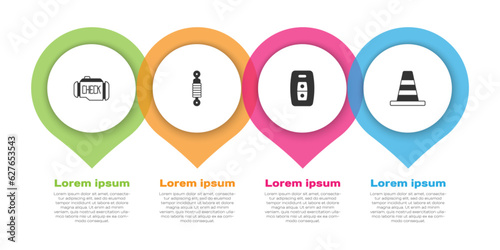 Set Check engine, Shock absorber, Car key with remote and Traffic cone. Business infographic template. Vector