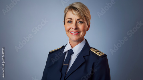 Studio Portrait Of Smiling Mature Female Airline Pilot Against Plain Background