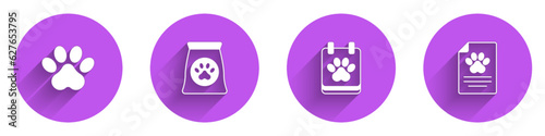 Set Paw print, Bag of food for pet, Calendar grooming and Medical clinical record icon with long shadow. Vector