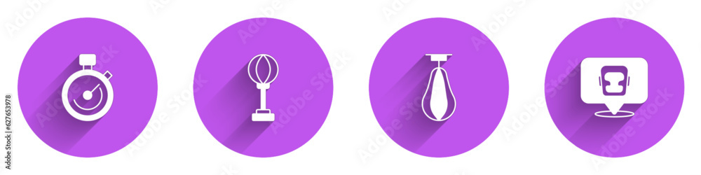 Set Stopwatch, Punching bag, and Boxing helmet icon with long shadow. Vector Set Stopwatch, Punching bag, and Boxing helmet icon with long shadow. Vector