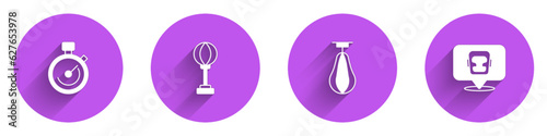 Set Stopwatch, Punching bag, and Boxing helmet icon with long shadow. Vector