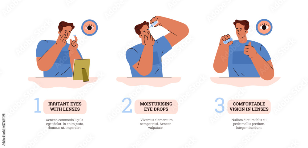Man suffering from irritant eyes with contact lenses, flat vector illustration isolated on white background. Man suffering from irritant eyes with contact lenses, flat vector illustration isolated on white background.