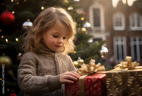 Christmas Joy: A Happy Child Unwrapping a Surprise Gift © PetrovMedia
