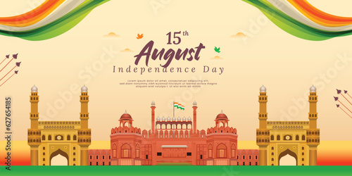 indian happy independence day orange and green color background with red fort social media post design