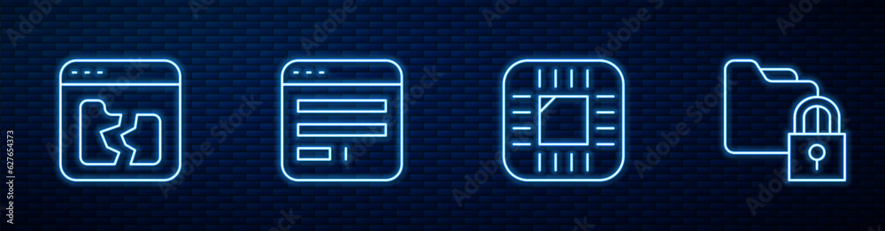 Set line Processor with CPU, Broken file, Browser window and Folder and lock. Glowing neon icon on brick wall. Vector Set line Processor with CPU, Broken file, Browser window and Folder and lock. Glowing neon icon on brick wall. Vector