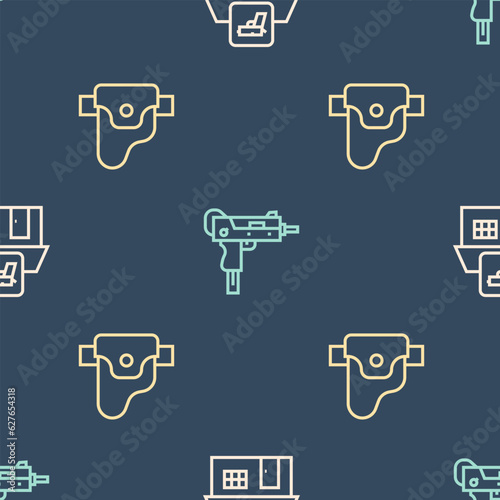 Set line Hunting shop weapon, Gun holster and UZI submachine gun on seamless pattern. Vector