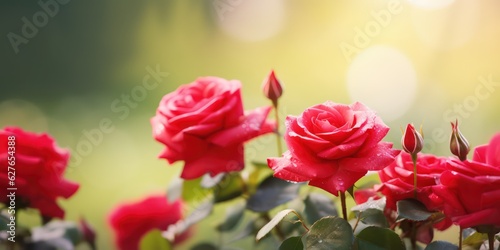 Beautiful floral natural background with red roses in garden an outdoor with beautiful bokeh and free space for text