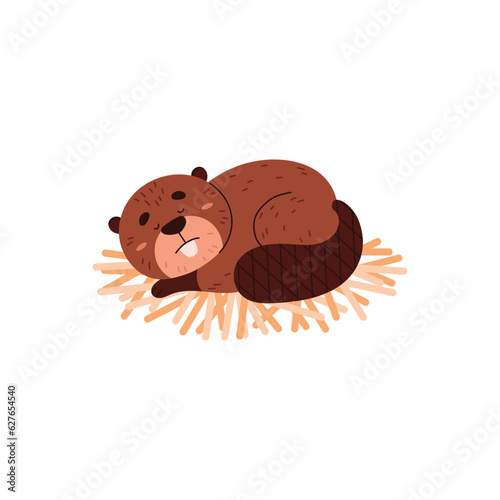 Cute beaver sleeping on wood, cartoon flat vector illustration isolated on white background.