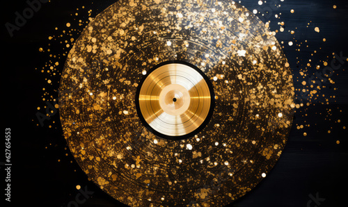 Vintage vinyl music record with gold glitter background