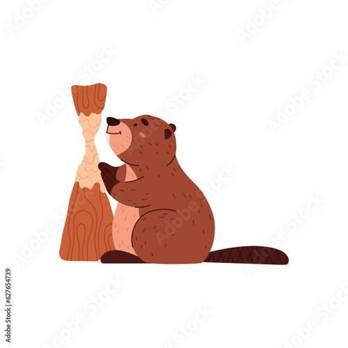 Funny beaver chewing wood, cartoon flat vector illustration isolated on white background.