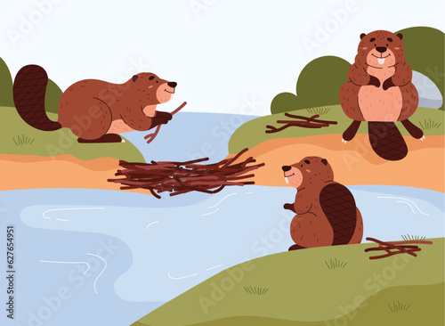 Cheerful beavers building dam on river, cartoon flat vector illustration.