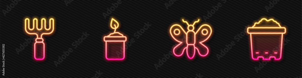 Set line Butterfly, Garden rake, Sprout in bottle and Pot with soil. Glowing neon icon. Vector