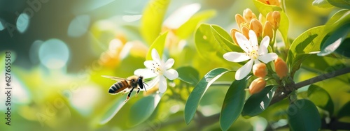 Beautiful natural background with orange tree foliage and flowers and a bee outdoors in nature