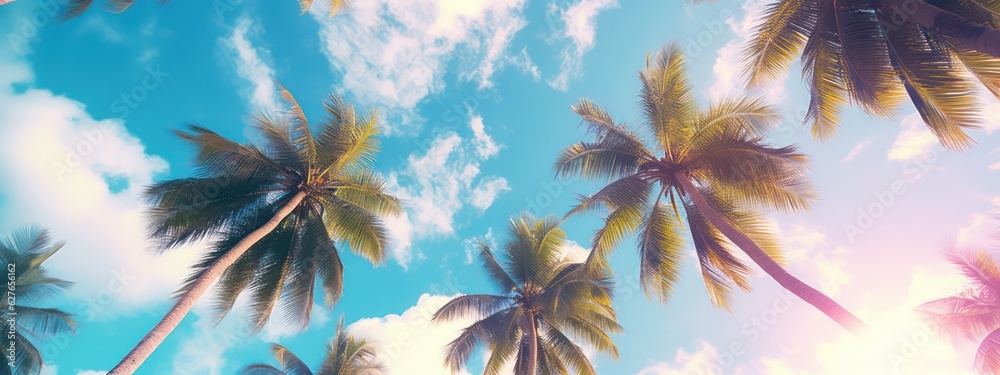 Beautiful natural tropical background with palm trees against a blue sky with clouds