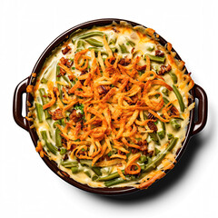 Green bean casserole top view isolated on white background
