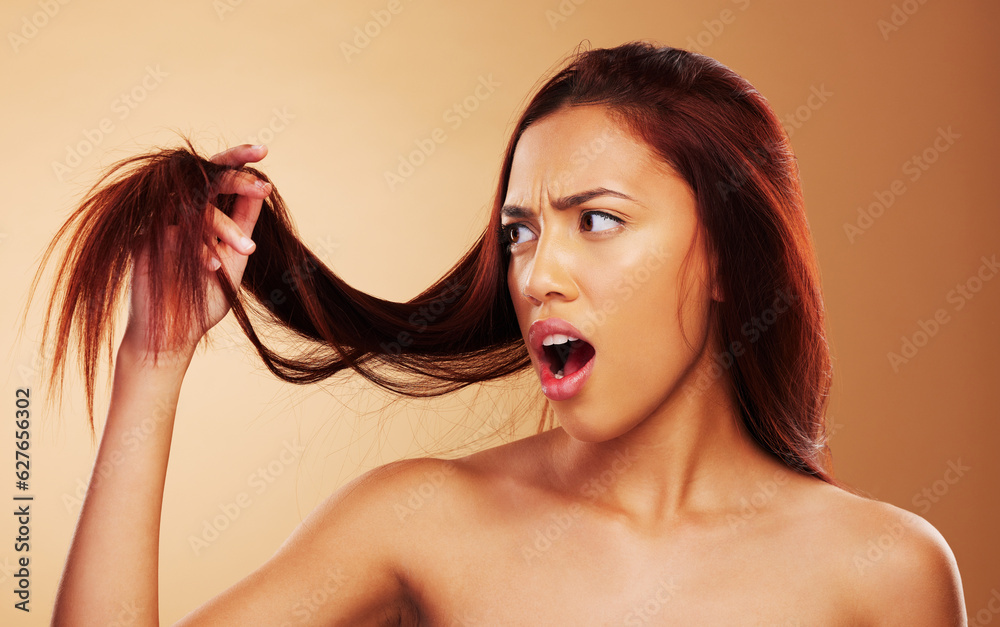 Hair, damaged and a woman in studio for salon, hairdresser and split end treatment. Stress, upset and shocked aesthetic model person with dry texture or worry hairstyle crisis on a brown background Hair, damaged and a woman in studio for salon, hairdresser and split end treatment. Stress, upset and shocked aesthetic model person with dry texture or worry hairstyle crisis on a brown background
