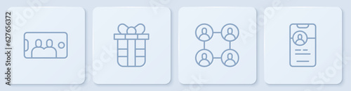 Set line Selfie on mobile, BFF or best friends forever, Gift box and Dating app online. White square button. Vector