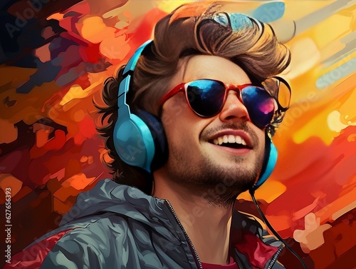 Pop art retro style young man wearing headphones and sunglasses on a colorful Vibrant background generative ai