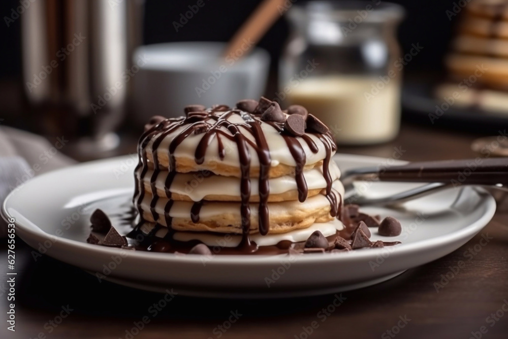 Hot pancakes with chocolate icing. Breakfast. Generative AI. Hot pancakes with chocolate icing. Breakfast. Generative AI.