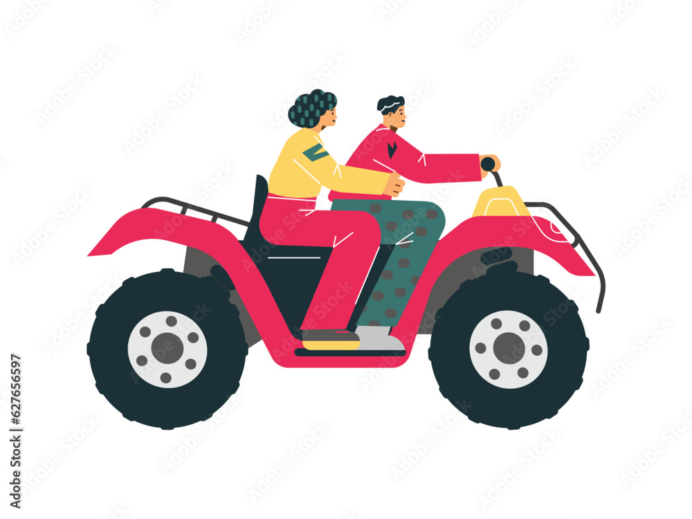 Red Quad bike with people, Four-wheeled quadrocycle, ATV off-road transport, extreme sport vector flat illustration