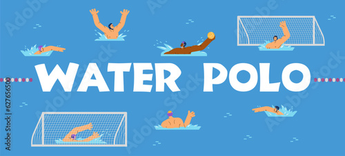 Water polo tournament or championship banner flat vector illustration isolated.