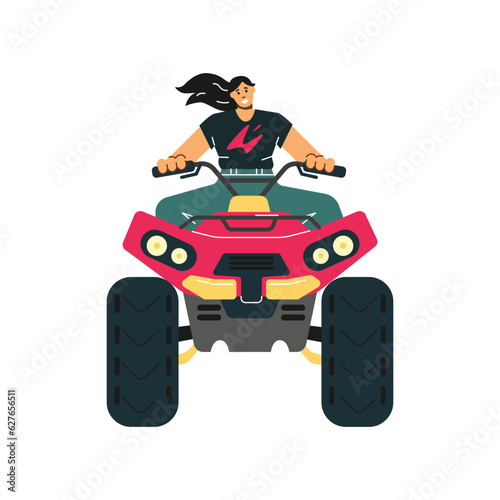 Woman character traveling on quad bike flat cartoon vector illustration isolated.