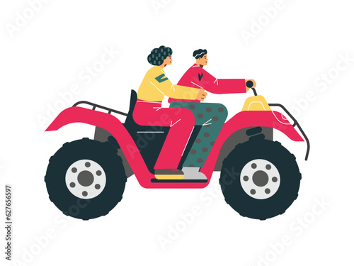 Red Quad bike with people  Four-wheeled quadrocycle  ATV off-road transport  extreme sport vector flat illustration