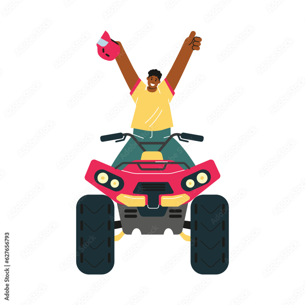 Man on quad bike cheerfully raising hands, flat vector illustration isolated.
