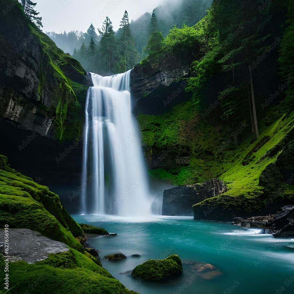 Fototapeta premium Breathtaking view of waterfall falling down from cliff. Amazing landscape