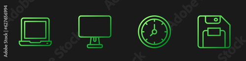Set line Clock, Laptop, Computer monitor and Floppy disk. Gradient color icons. Vector