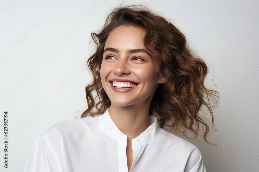 Portrait of young happy woman looks in camera. Skin care beauty, skincare cosmetics, dental concept isolated over white background. - obrazy, fototapety, plakaty 