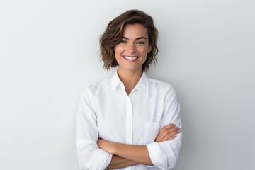 Portrait of young happy woman looks in camera. Skin care beauty, skincare cosmetics, dental concept isolated over white background.