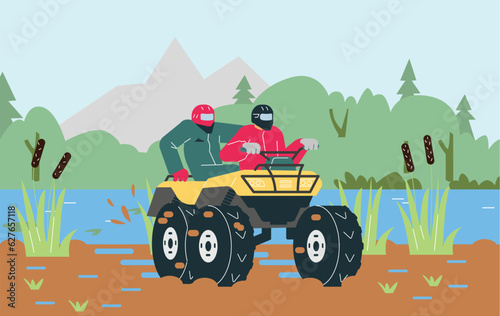 Quad bike with men in helmet off-road driving in wilderness, swamp landscape, ATV outdoor adventure vector illustration