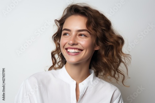 Leinwand Poster Portrait of young happy woman looks in camera