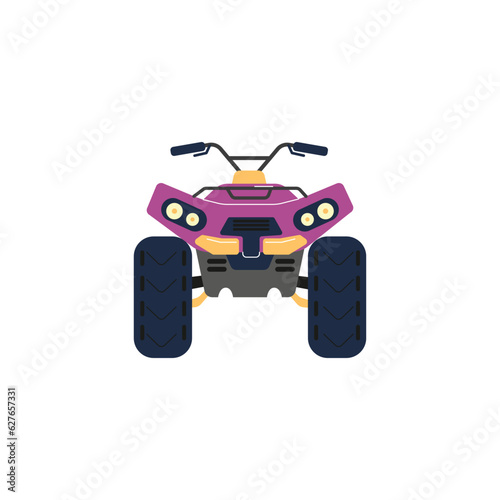 Purple quad bike in front view, four-wheeled motorcycle transportation, ATV off-road transport vector flat illustration