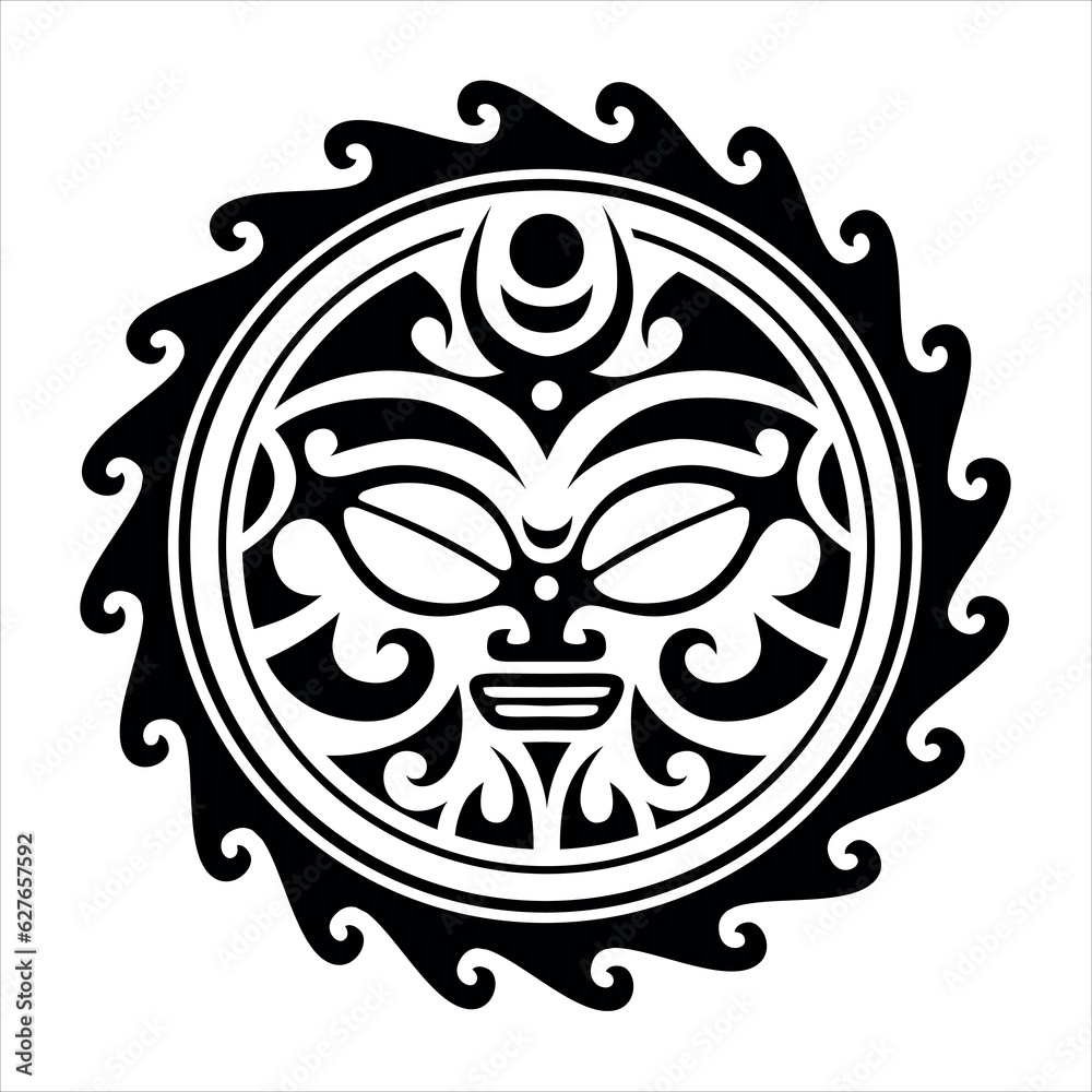 Traditional Maori round tattoo design. Editable vector illustration. Ethnic circle ornament. African mask. Black and white