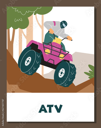 Vector poster with purple Quad bike with man off-road driving in the forest, extreme sport, outdoor adventure concept