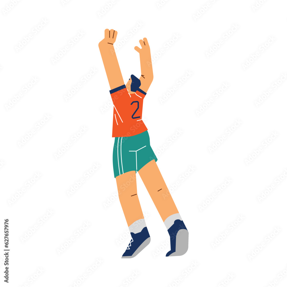 Volleyball player man reaching for the ball, stretches, back view in a jump cartoon vector flat isolated illustration Volleyball player man reaching for the ball, stretches, back view in a jump cartoon vector flat isolated illustration
