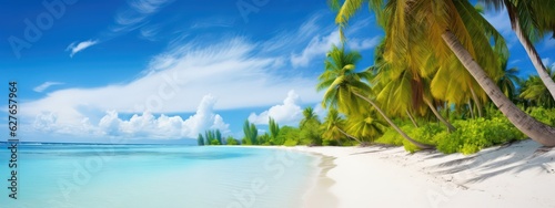 Beautiful beach with white sand  turquoise ocean  green palm trees and blue sky with clouds on Sunny day. Summer tropical landscape  panoramic view