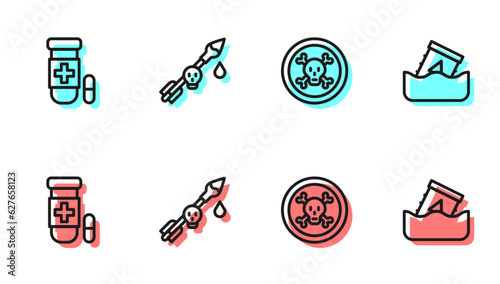 Set line Bones and skull, Antidote, Poison the arrow and Radioactive waste in barrel icon. Vector