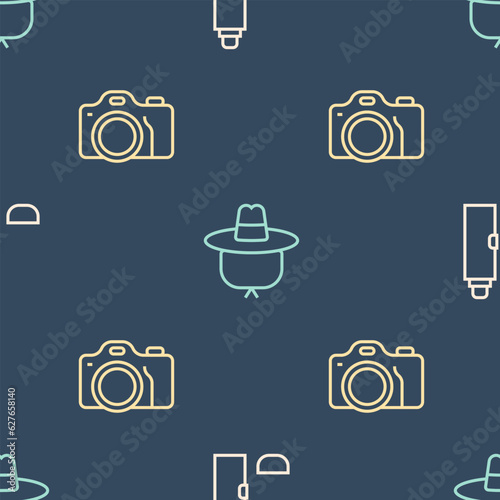 Set line Thermos container, Photo camera and Camping hat on seamless pattern. Vector