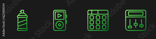 Set line Drum machine music, Paint spray can, Music player and . Gradient color icons. Vector