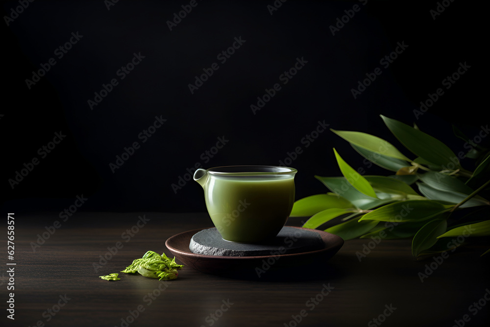 Glass cup with traditional Japanese green colored matcha tea served on table Glass cup with traditional Japanese green colored matcha tea served on table